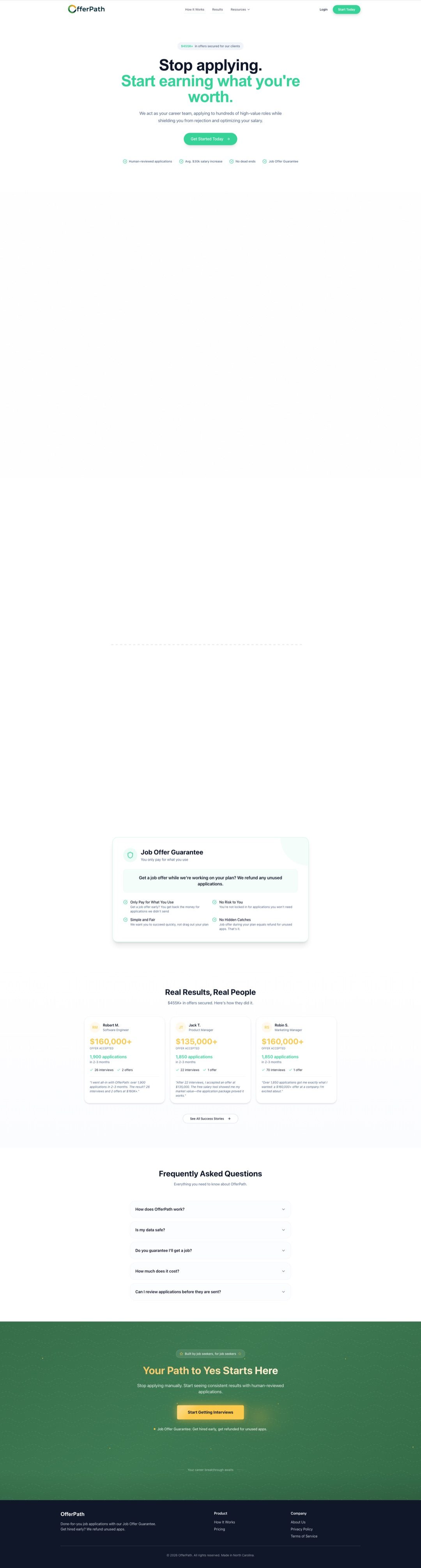OfferPath homepage before the redesign, showing a large blank gap where sections failed to render