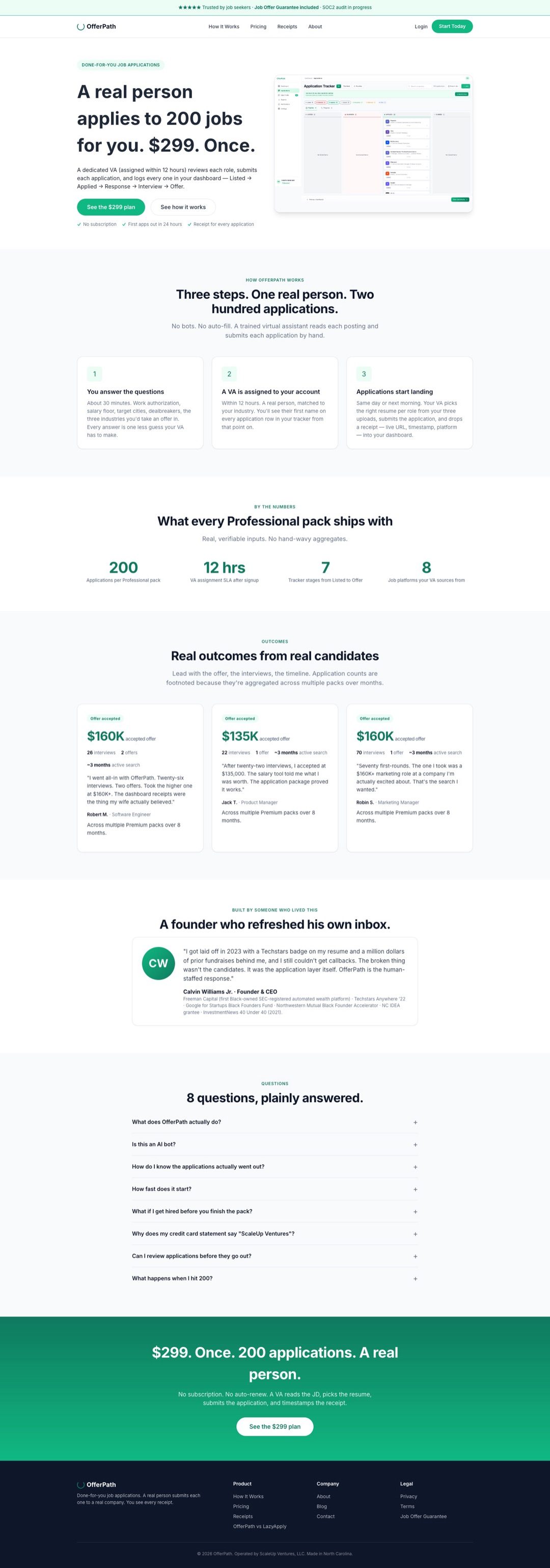 OfferPath homepage after the redesign, with the live application tracker in the hero