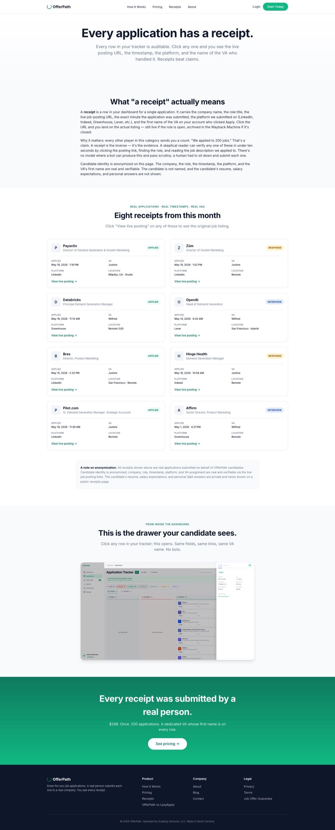 Results / receipts page