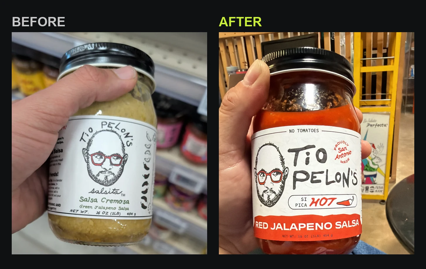 Before and after on the shelf: the old white-label Salsa Cremosa jar versus the shipped redesigned Tio Pelon's red jalapeño salsa jar with a bold heat badge and No Tomatoes claim.